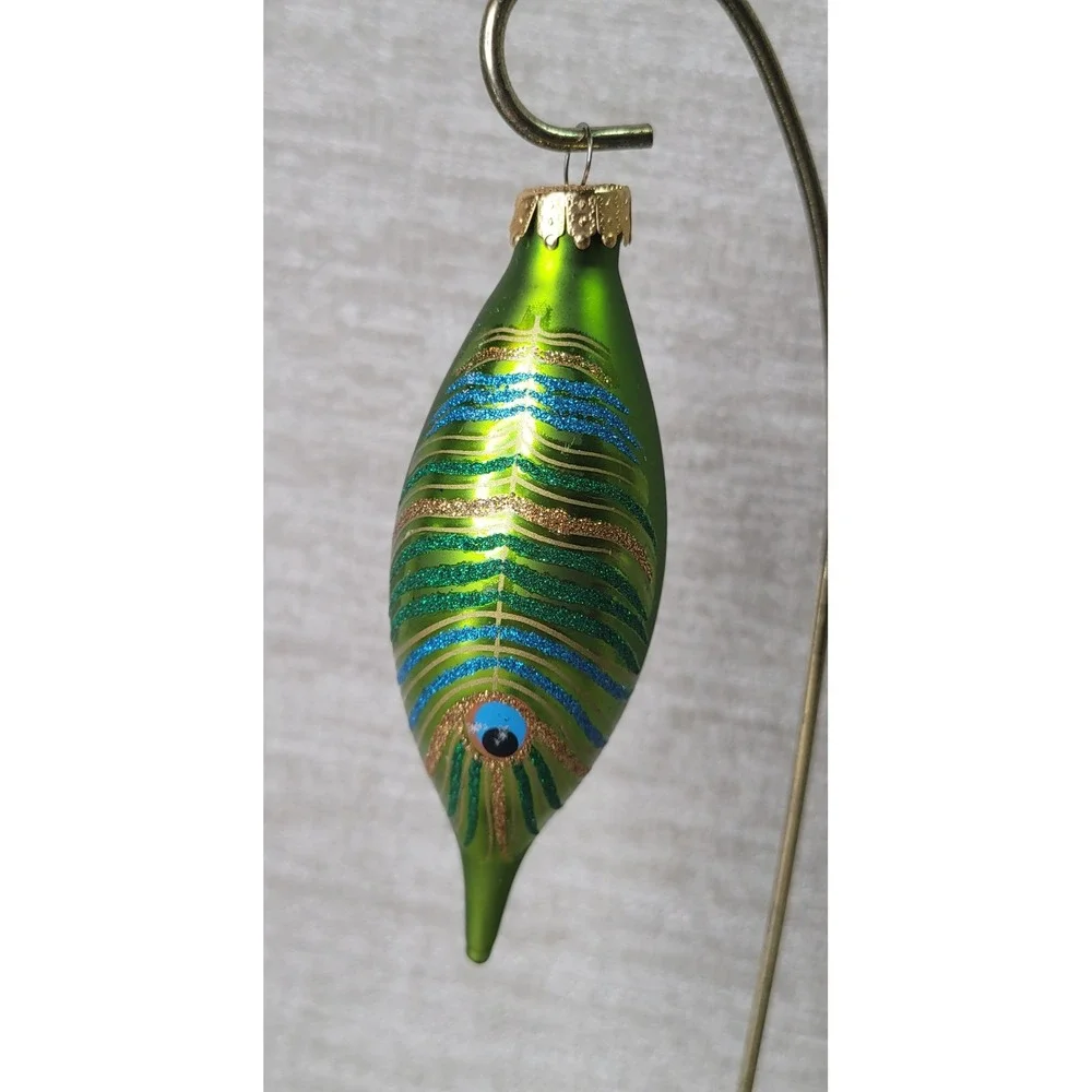 4pc Peacock Feather Glass Christmas Ornaments Teal Blue Green Glitter Set